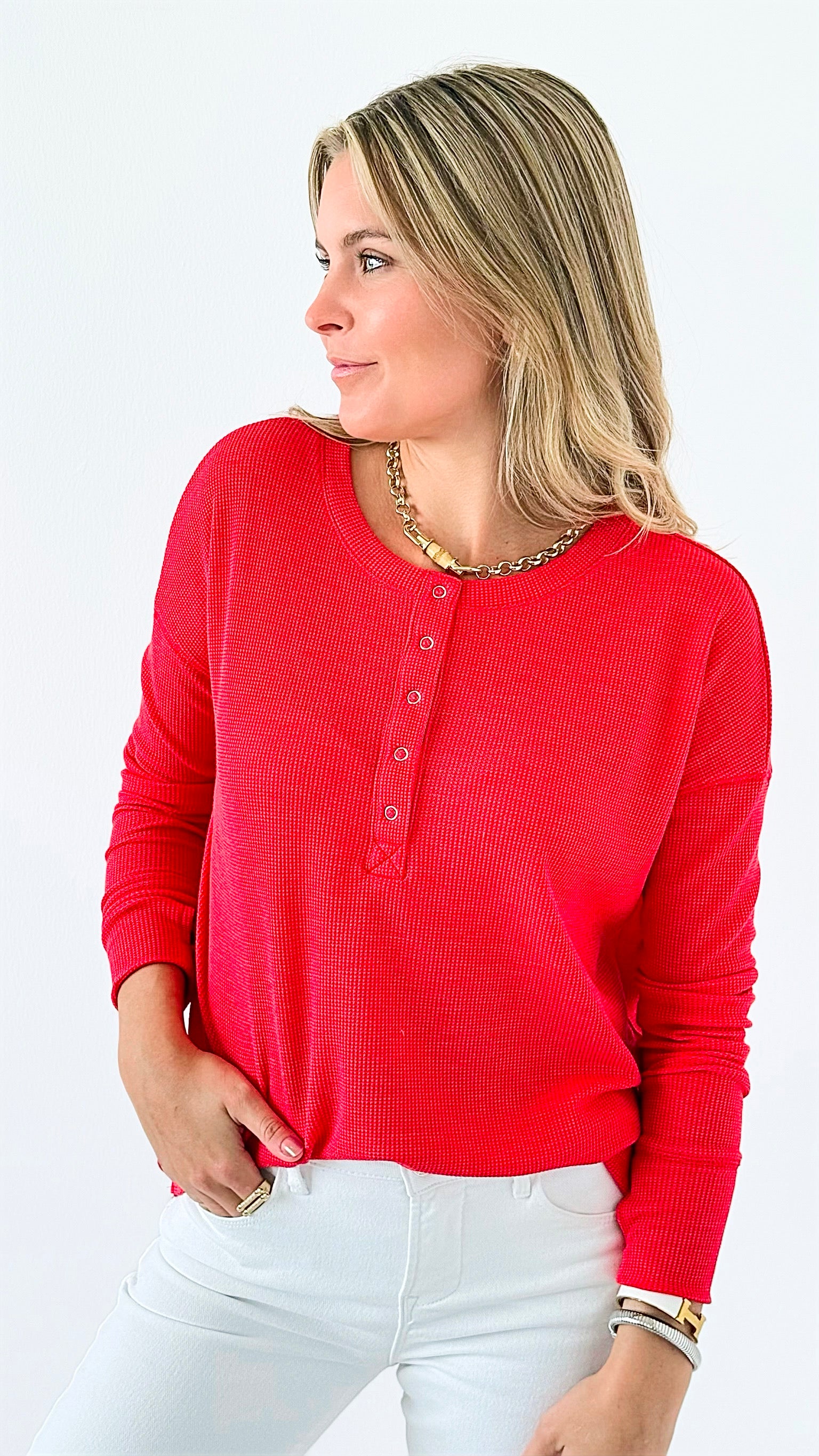 Button-Front Waffle Knit Top - Ruby-110 Long Sleeve Tops-Zenana-Coastal Bloom Boutique, find the trendiest versions of the popular styles and looks Located in Indialantic, FL