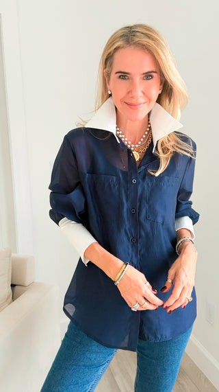 Sheer Petal Contrast Italian Button-Up- Navy