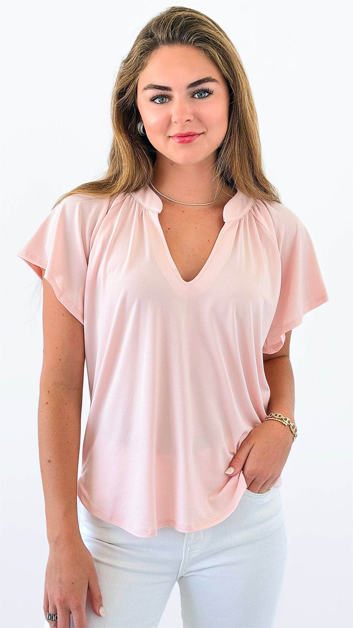 Flutter Away Pleated Top - Blush-110 Short Sleeve Tops-Ariella-Coastal Bloom Boutique, find the trendiest versions of the popular styles and looks Located in Indialantic, FL