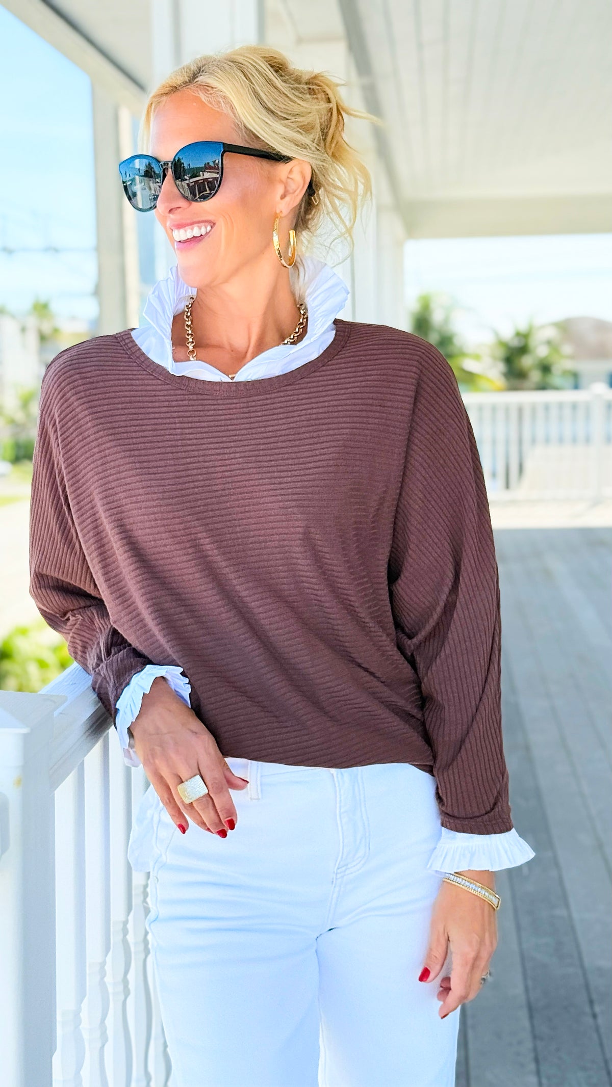 Everyday Essentials Horizontal Rib Top - Brown-110 Long Sleeve Tops-Zenana-Coastal Bloom Boutique, find the trendiest versions of the popular styles and looks Located in Indialantic, FL
