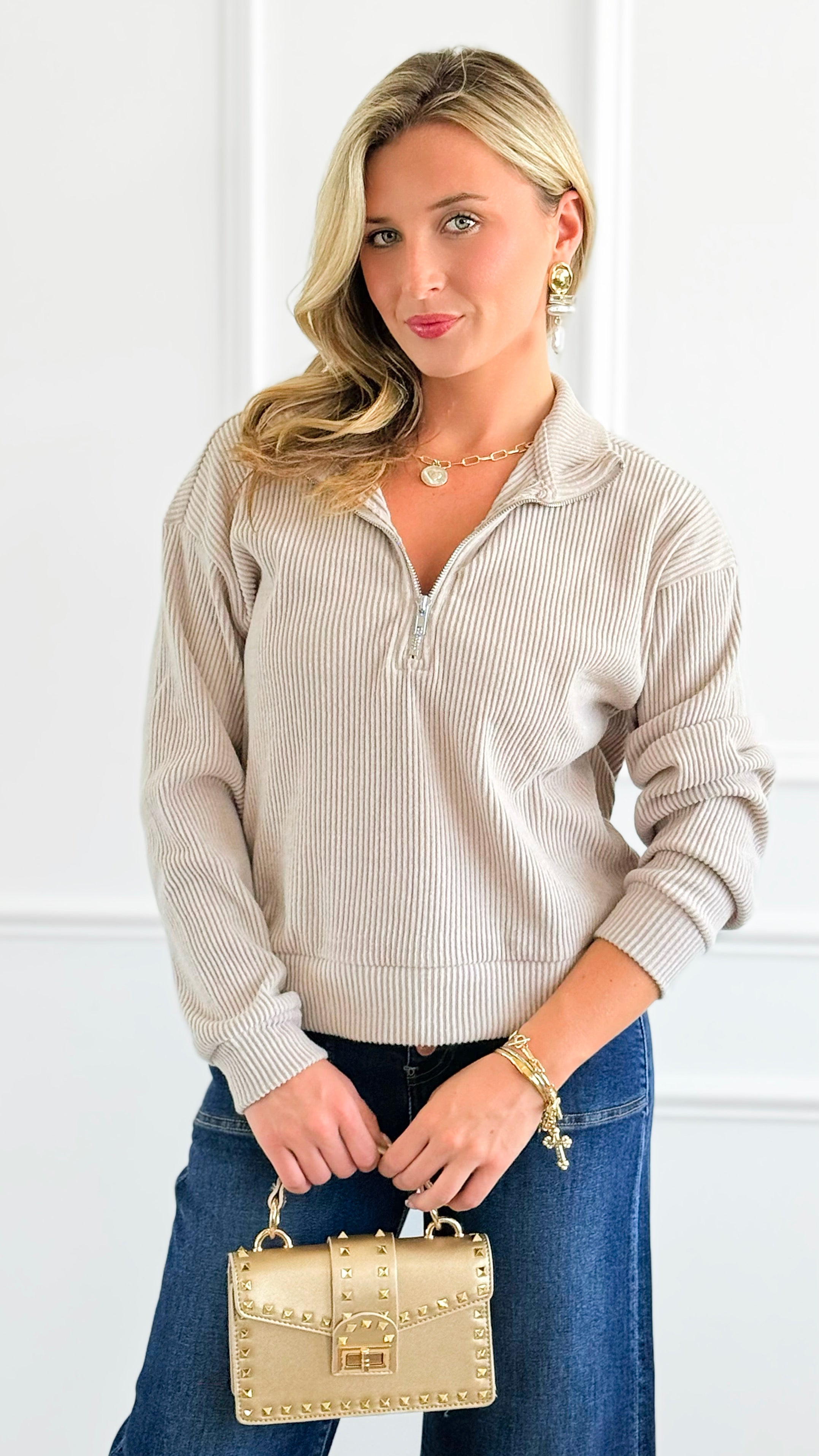 Weekend Ease Ribbed Sweatshirt - Beige-130 Long Sleeve Tops-IRIS-Coastal Bloom Boutique, find the trendiest versions of the popular styles and looks Located in Indialantic, FL