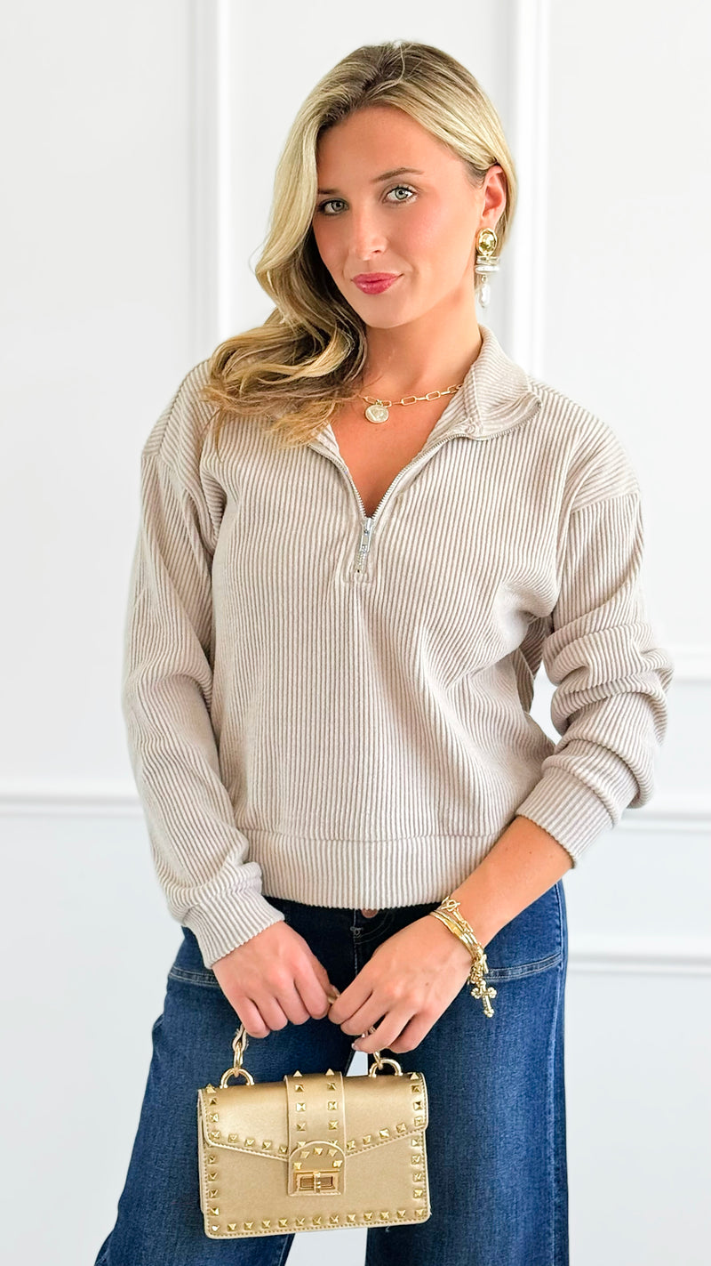 Weekend Ease Ribbed Sweatshirt - Beige-130 Long Sleeve Tops-IRIS-Coastal Bloom Boutique, find the trendiest versions of the popular styles and looks Located in Indialantic, FL