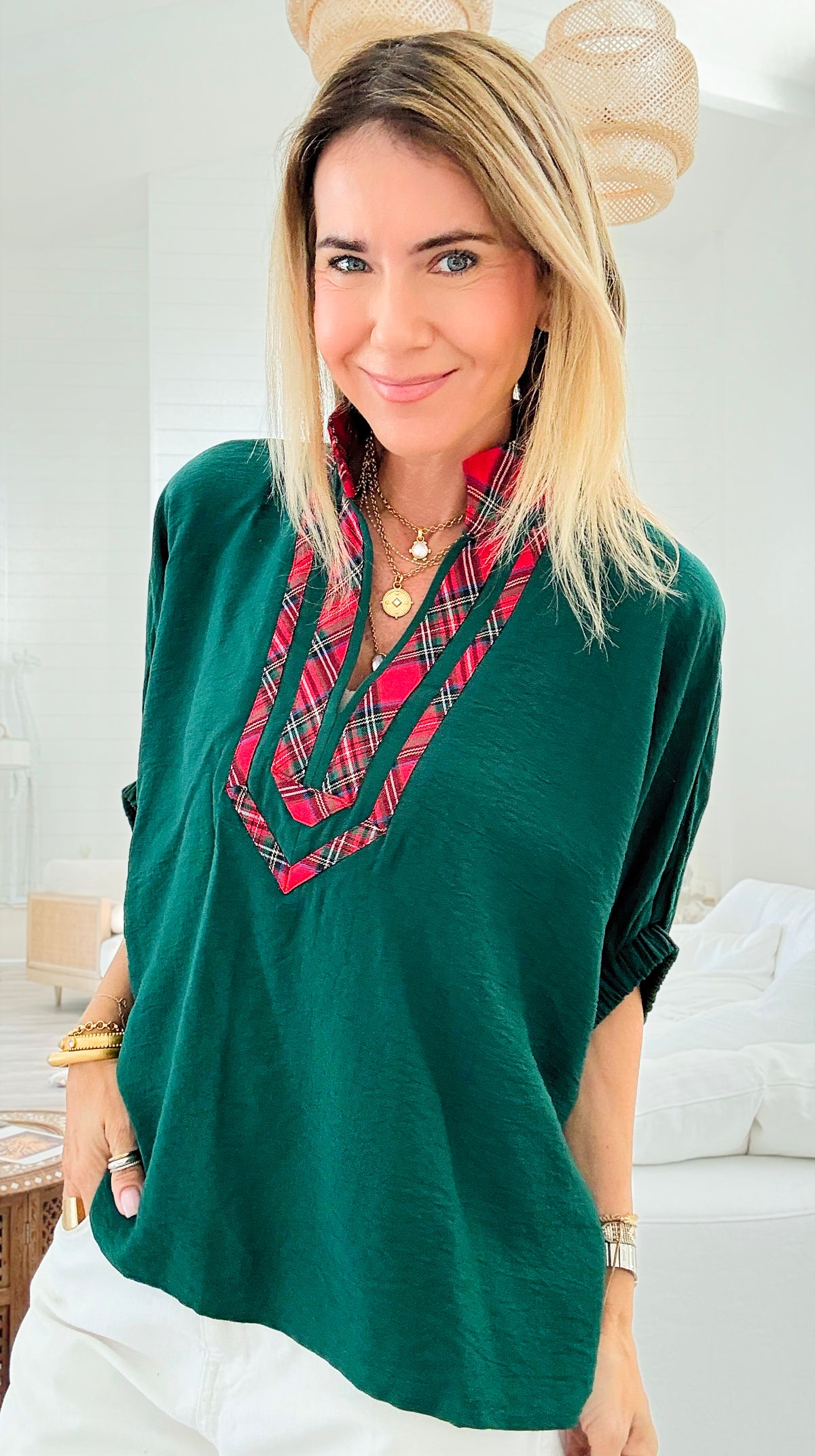 Bold Plaid Trim Blouse - Green-110 Short Sleeve Tops-entro-Coastal Bloom Boutique, find the trendiest versions of the popular styles and looks Located in Indialantic, FL