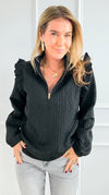 Cable Ruffle Half-Zip Knit Top - Black-130 Long Sleeve Tops-Umgee-Coastal Bloom Boutique, find the trendiest versions of the popular styles and looks Located in Indialantic, FL