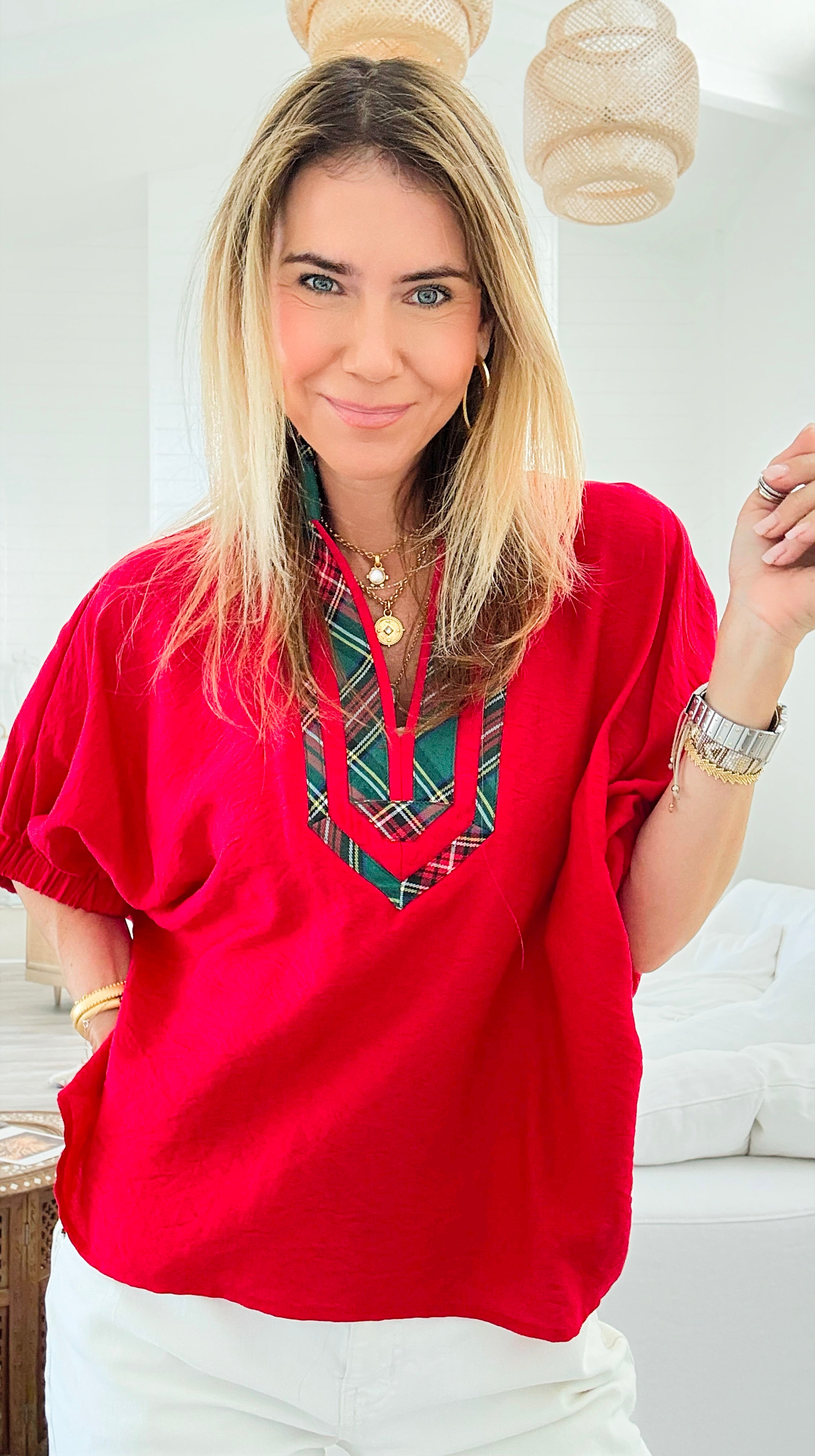 Bold Plaid Trim Blouse - Red-110 Short Sleeve Tops-entro-Coastal Bloom Boutique, find the trendiest versions of the popular styles and looks Located in Indialantic, FL