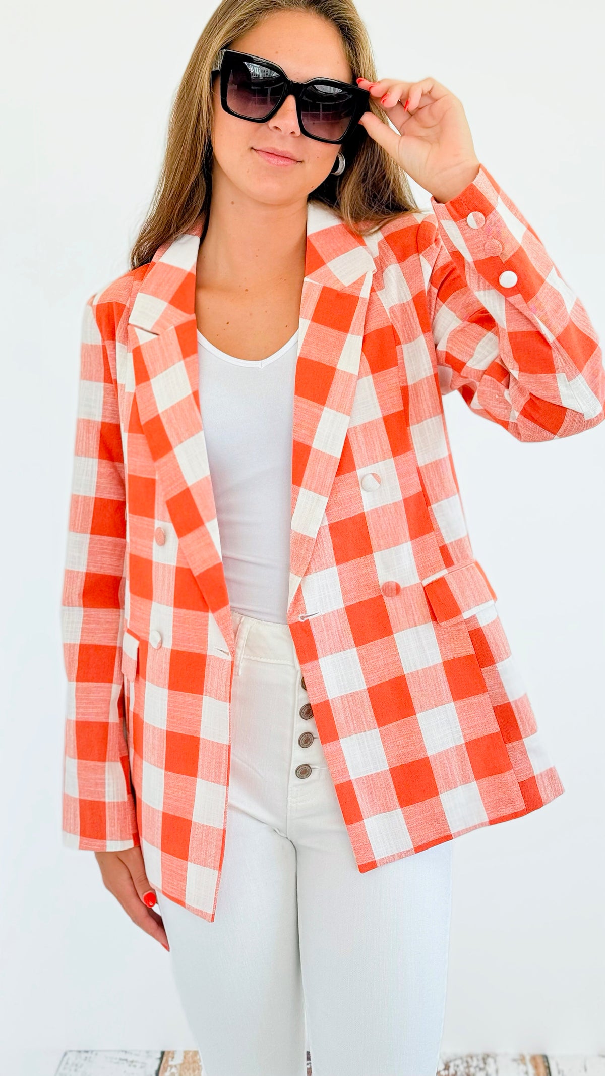 Gingham Pattern Double Breasted Blazer-160 Jackets-Fate BY LFD-Coastal Bloom Boutique, find the trendiest versions of the popular styles and looks Located in Indialantic, FL