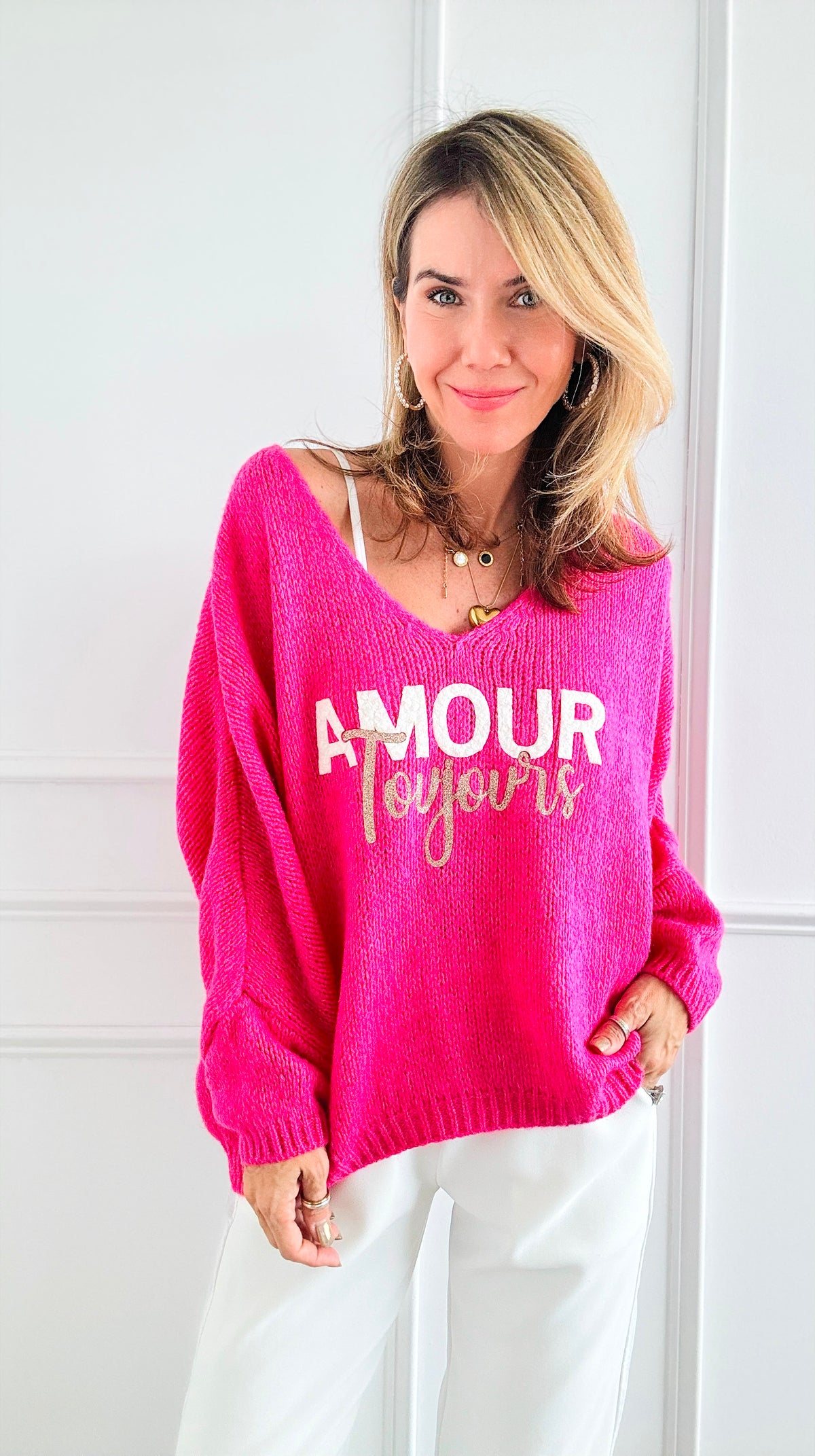 Amour Toujours V-Neck Italian Knit Sweater-140 Sweaters-Italianissimo-Coastal Bloom Boutique, find the trendiest versions of the popular styles and looks Located in Indialantic, FL