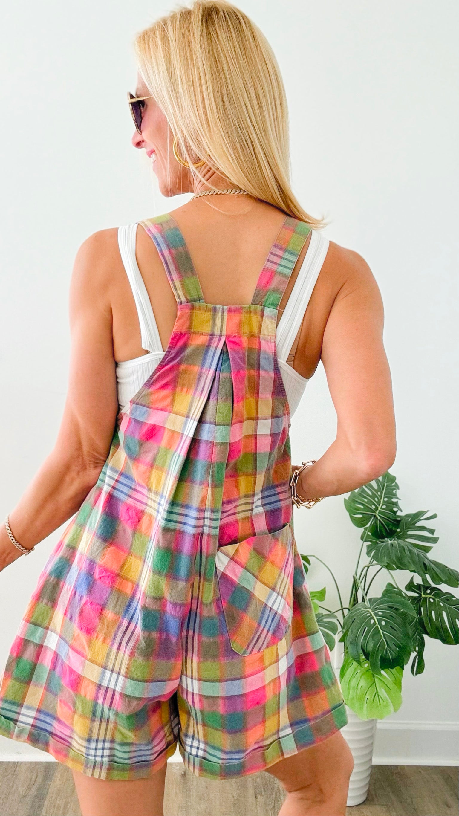 Vintage Plaid Wide Leg Shortalls-200 dresses/jumpsuits/rompers-BIBI-Coastal Bloom Boutique, find the trendiest versions of the popular styles and looks Located in Indialantic, FL