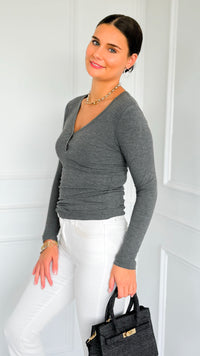 Button Me Up Ribbed Top - Heather Charcoal-130 Long Sleeve Tops-YELETE-Coastal Bloom Boutique, find the trendiest versions of the popular styles and looks Located in Indialantic, FL