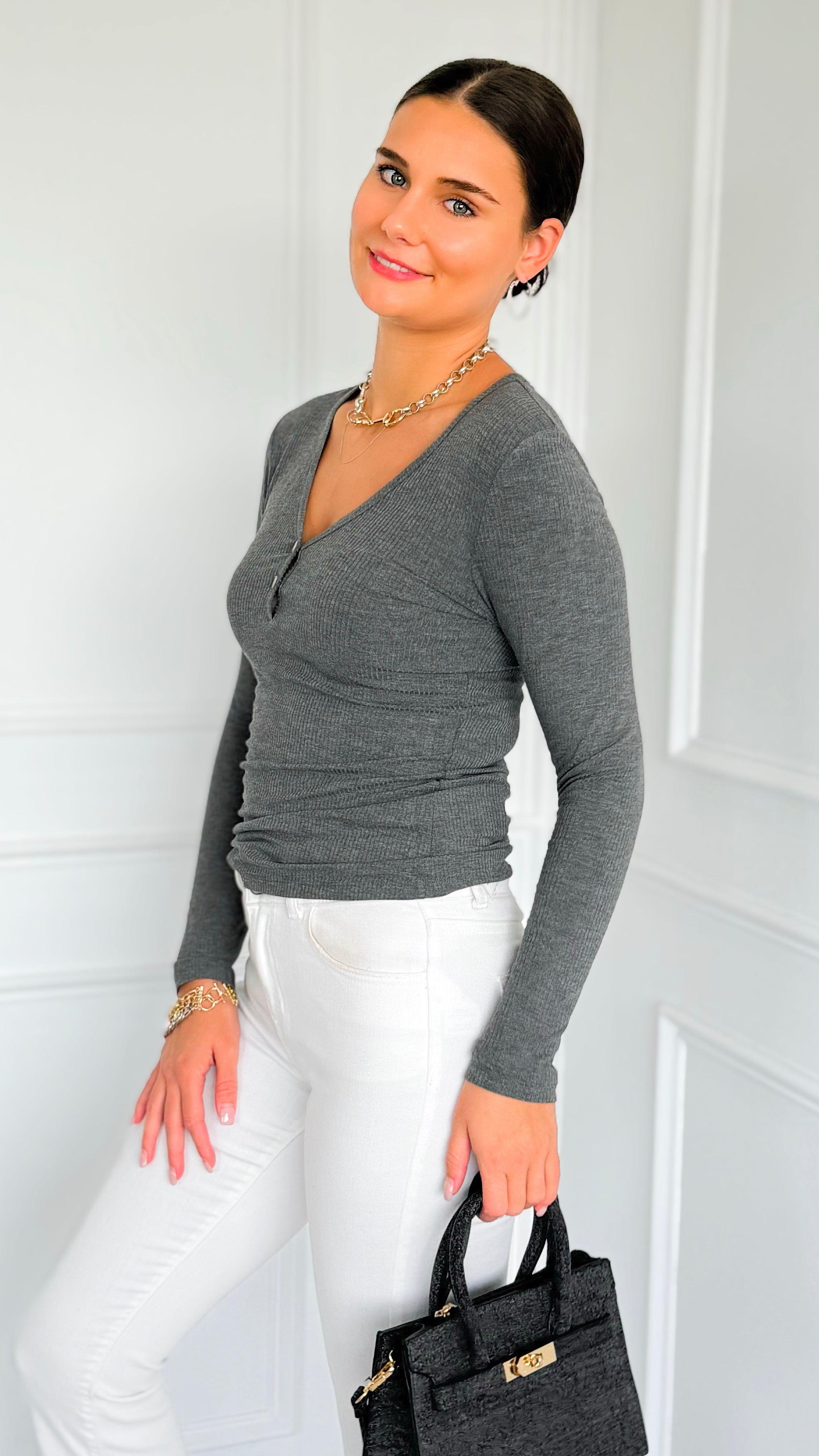 Button Me Up Ribbed Top - Heather Charcoal-130 Long Sleeve Tops-YELETE-Coastal Bloom Boutique, find the trendiest versions of the popular styles and looks Located in Indialantic, FL