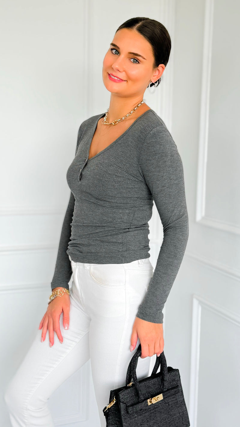 Button Me Up Ribbed Top - Heather Charcoal-130 Long Sleeve Tops-YELETE-Coastal Bloom Boutique, find the trendiest versions of the popular styles and looks Located in Indialantic, FL