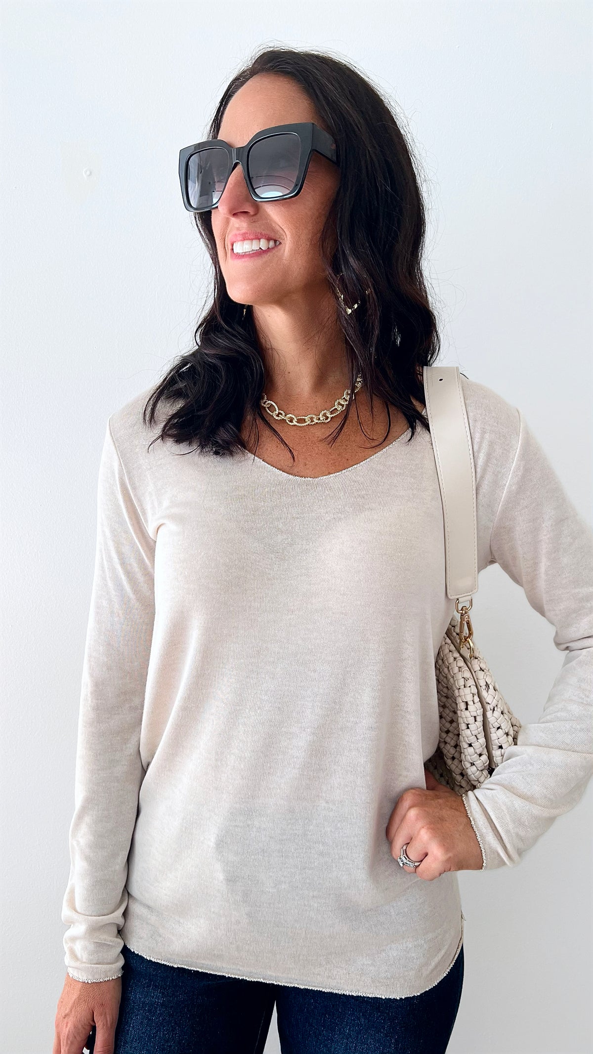 Recoleta Lurex Trim Italian Top - Beige-130 Long Sleeve Tops-Germany-Coastal Bloom Boutique, find the trendiest versions of the popular styles and looks Located in Indialantic, FL