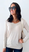 Recoleta Lurex Trim Italian Top - Beige-130 Long Sleeve Tops-Italianissimo-Coastal Bloom Boutique, find the trendiest versions of the popular styles and looks Located in Indialantic, FL