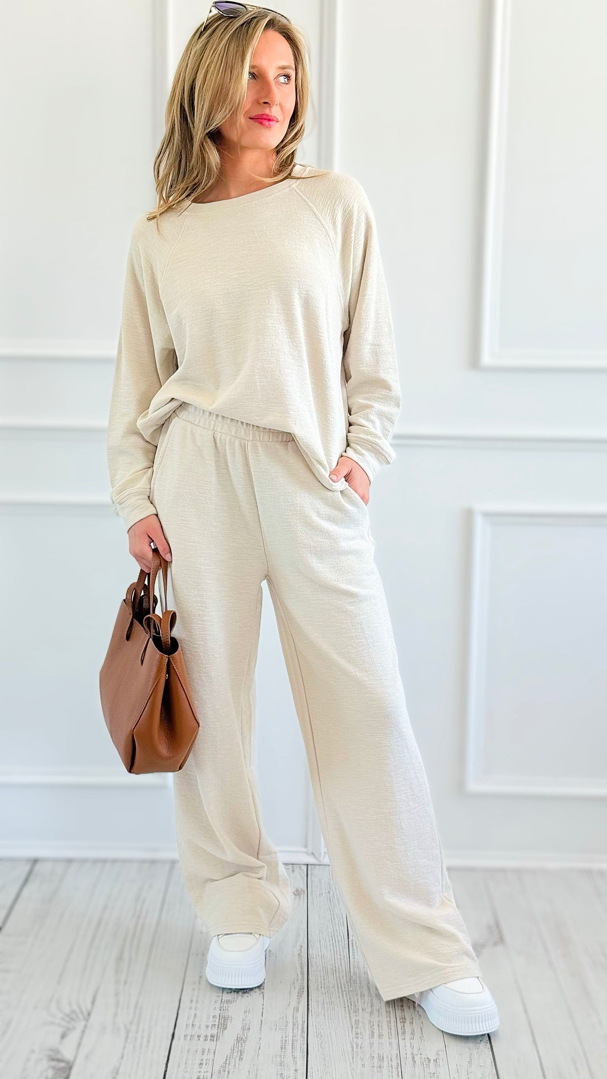Relax Mode Long Sleeve Slub Knit Set - Sand Beige-210 Loungewear/Sets-Zenana-Coastal Bloom Boutique, find the trendiest versions of the popular styles and looks Located in Indialantic, FL