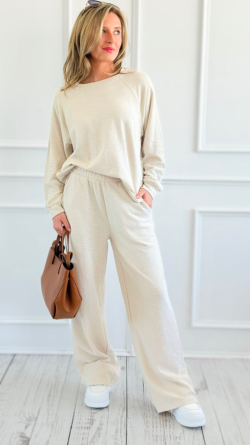 Relax Mode Long Sleeve Slub Knit Set - Sand Beige-210 Loungewear/Sets-Zenana-Coastal Bloom Boutique, find the trendiest versions of the popular styles and looks Located in Indialantic, FL