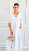 Pleated Collar Midi Dres-White-200 Dresses/Jumpsuits/Rompers-Adrienne-Coastal Bloom Boutique, find the trendiest versions of the popular styles and looks Located in Indialantic, FL