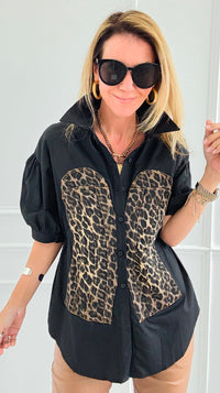 Run Wild Button-Up Blouse-Black-110 Short Sleeve Tops-7Mango7-Coastal Bloom Boutique, find the trendiest versions of the popular styles and looks Located in Indialantic, FL