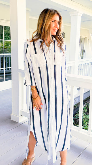 Weekend Sail Stripe Italian Button Dress- White