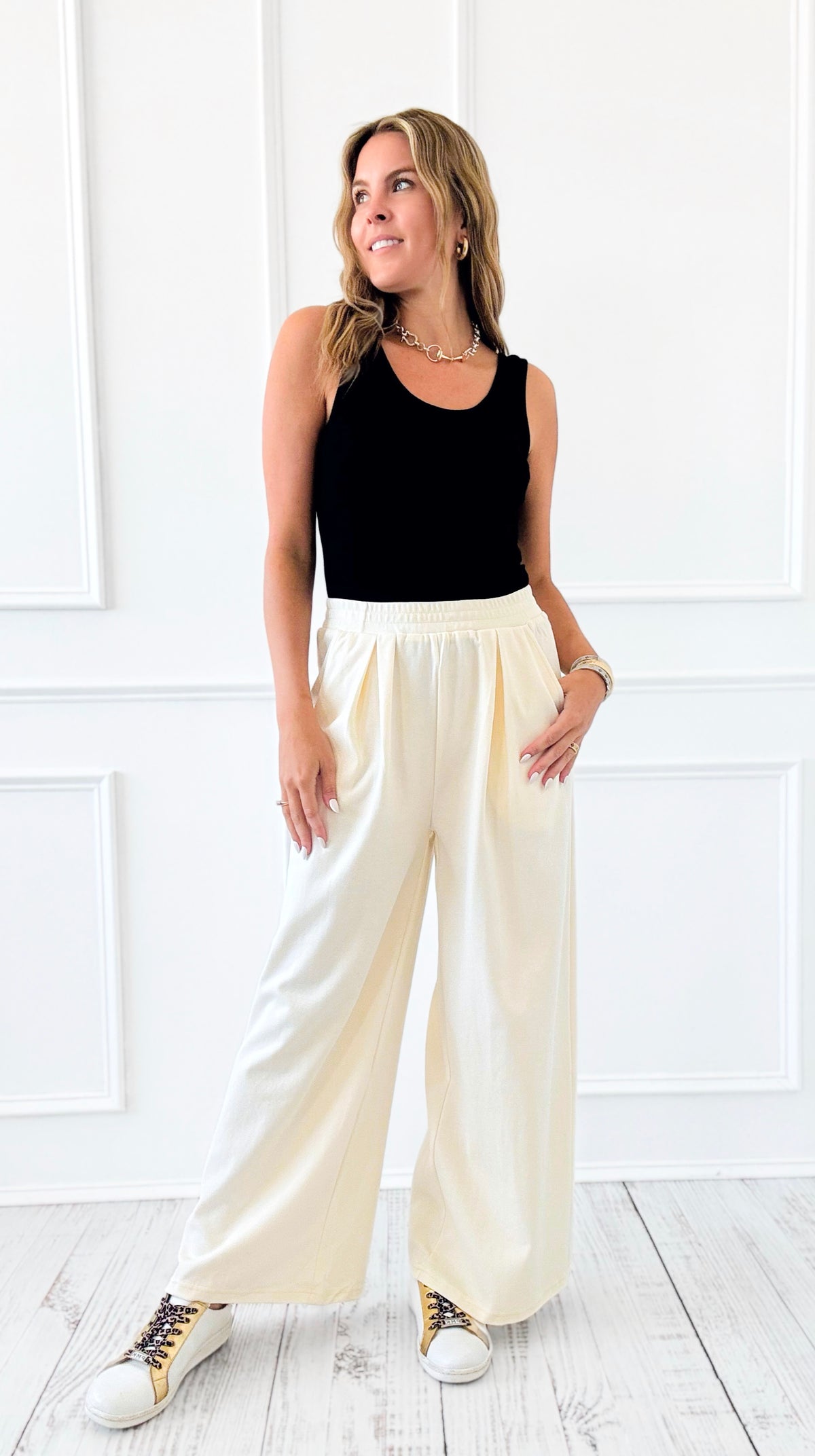 High Vibe Pleated Wide-Leg Pant - Cream-170 Bottoms-listicle-Coastal Bloom Boutique, find the trendiest versions of the popular styles and looks Located in Indialantic, FL