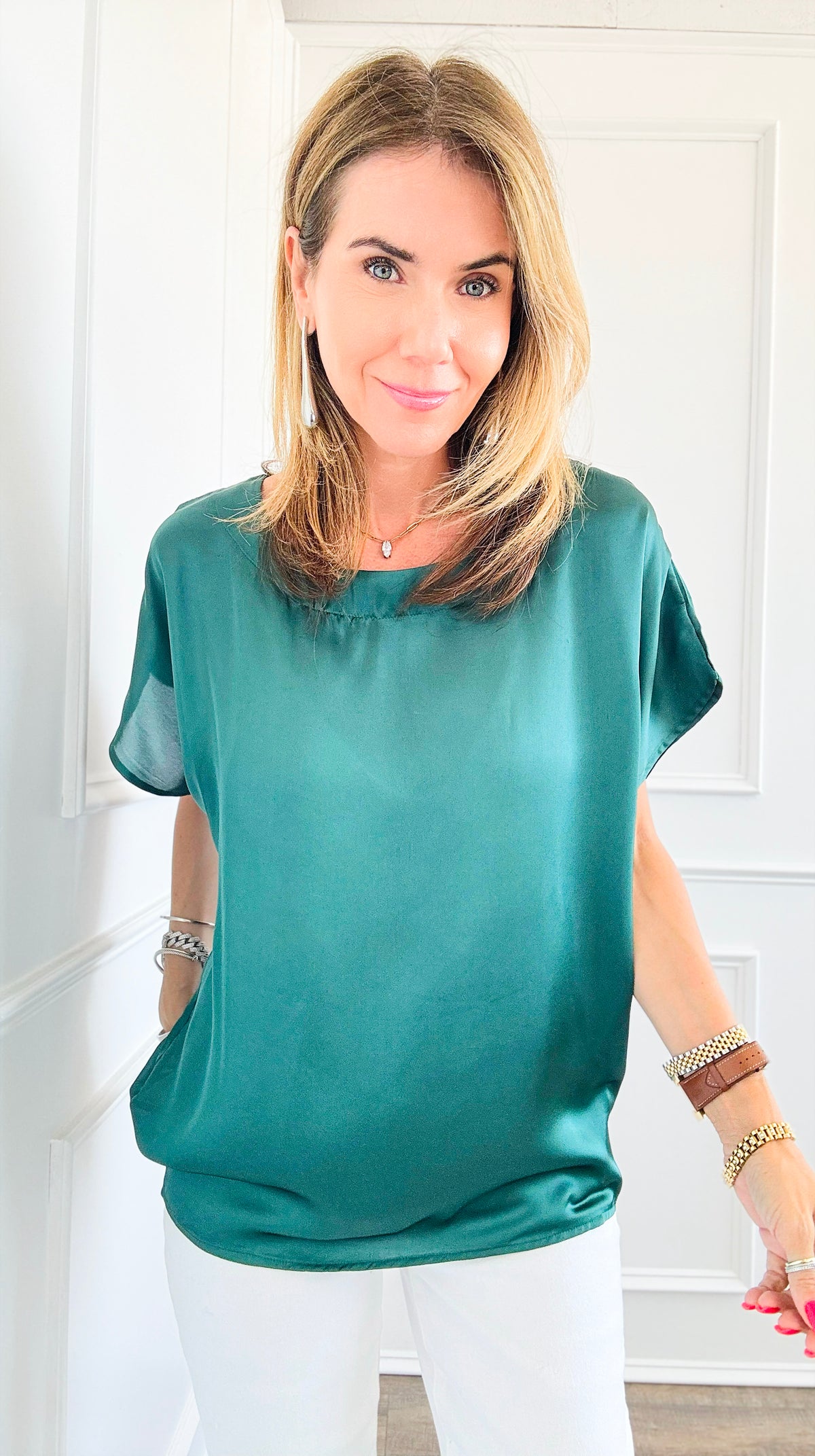 Sleek Short Sleeve Blouse-110 Short Sleeve Tops-YELETE-Coastal Bloom Boutique, find the trendiest versions of the popular styles and looks Located in Indialantic, FL