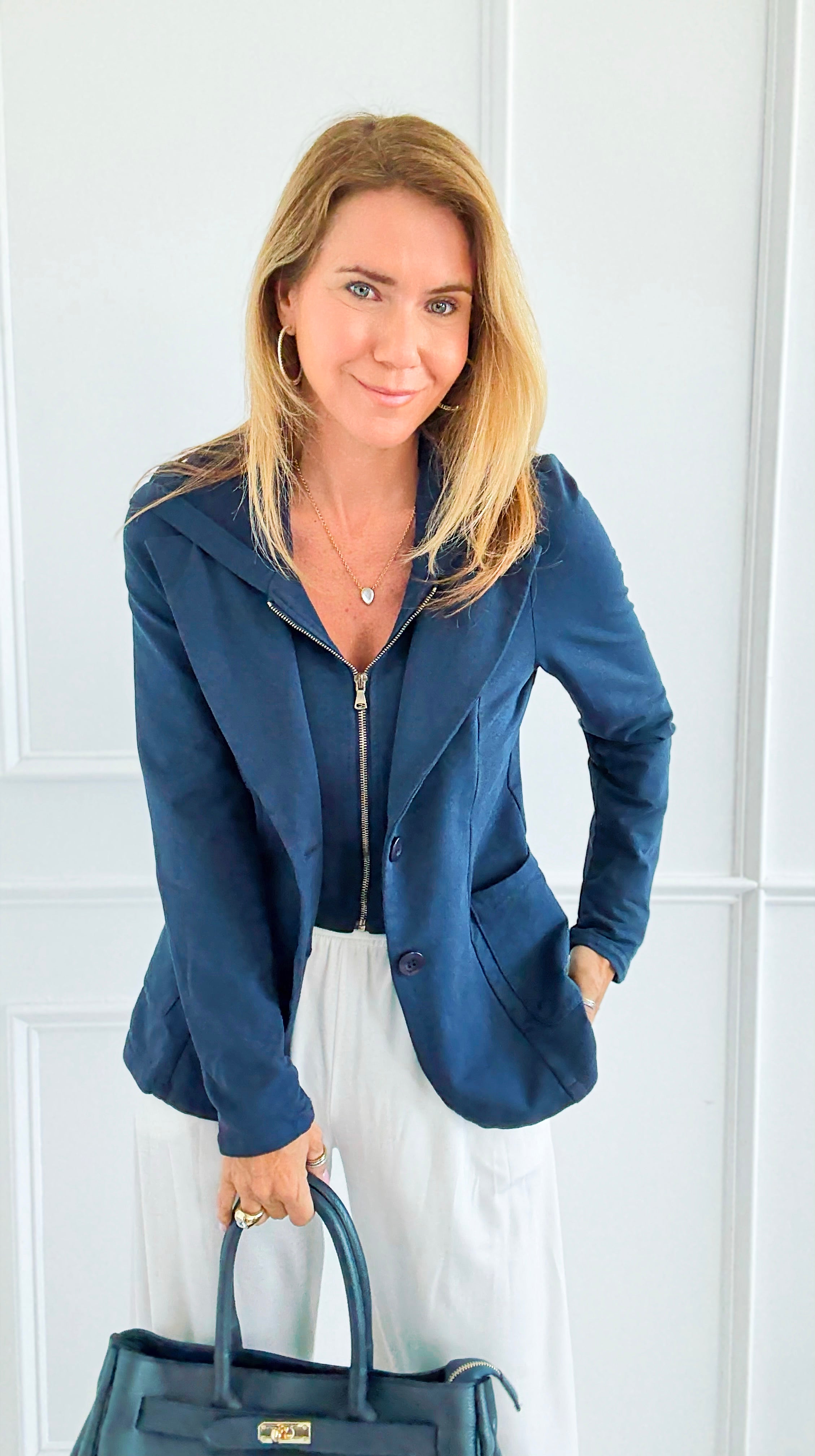 Hooded Style Italian Zip Blazer-160 Jackets-V SKY-Coastal Bloom Boutique, find the trendiest versions of the popular styles and looks Located in Indialantic, FL