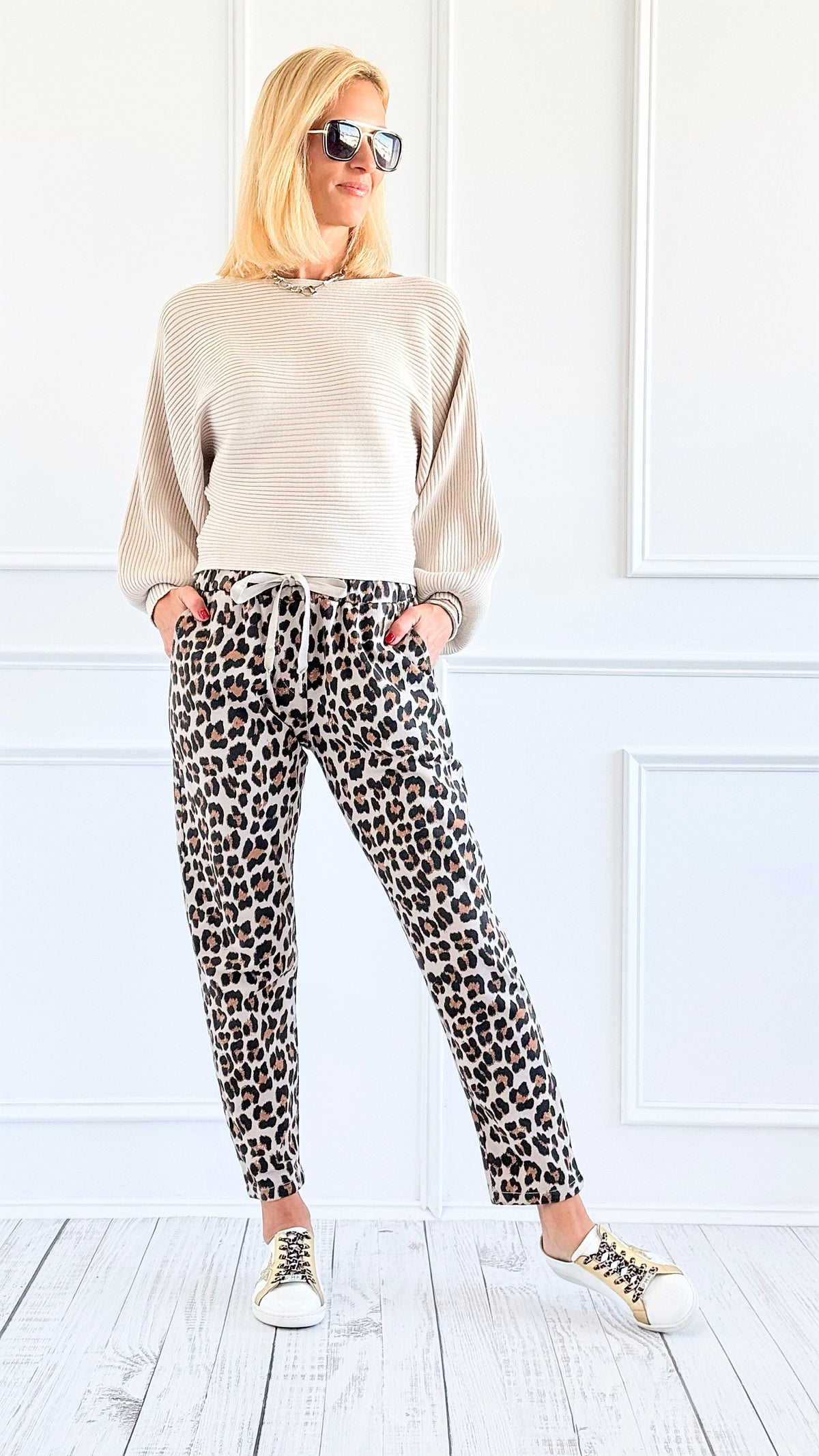 Leopard Luxe Drawstring Italian Joggers - Beige-180 Joggers-VENTI6 OUTLET-Coastal Bloom Boutique, find the trendiest versions of the popular styles and looks Located in Indialantic, FL