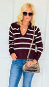 Weekend Club Striped Polo Sweater - Burgundy-140 Sweaters-LOVE TREE-Coastal Bloom Boutique, find the trendiest versions of the popular styles and looks Located in Indialantic, FL