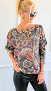 Garden Of Paisley Italian St Tropez Sweater- Dark Teal-140 Sweaters-SORPRESA-Coastal Bloom Boutique, find the trendiest versions of the popular styles and looks Located in Indialantic, FL