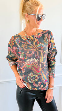 Garden Of Paisley Italian St Tropez Sweater- Dark Teal-140 Sweaters-SORPRESA-Coastal Bloom Boutique, find the trendiest versions of the popular styles and looks Located in Indialantic, FL
