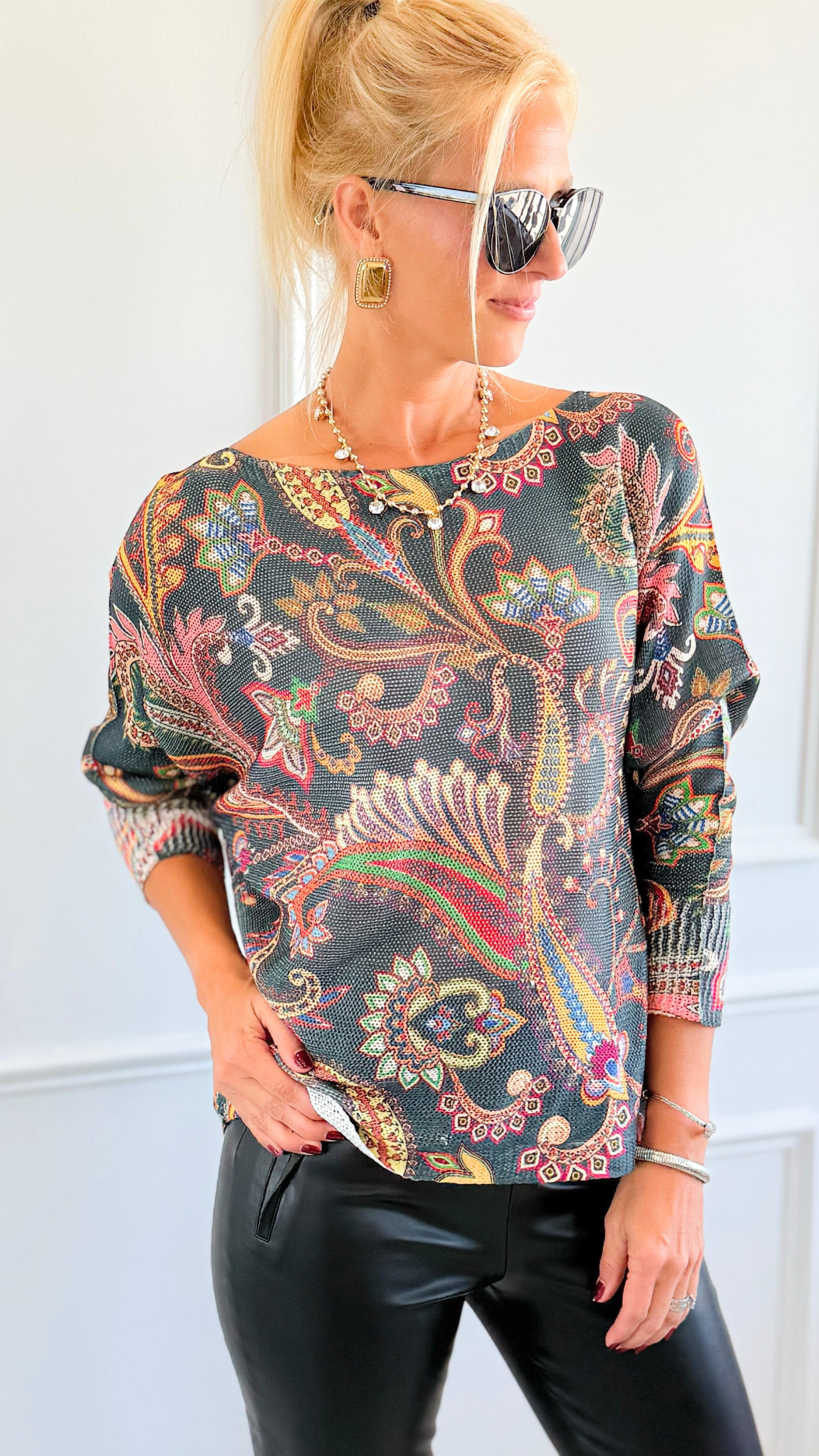 Garden Of Paisley Italian St Tropez Sweater- Dark Teal-140 Sweaters-SORPRESA-Coastal Bloom Boutique, find the trendiest versions of the popular styles and looks Located in Indialantic, FL