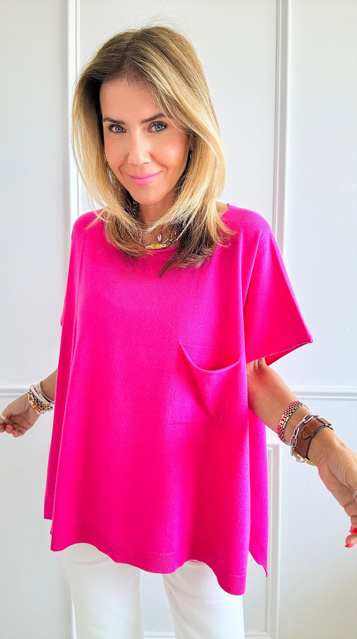 Boat Neck Relaxed Top-Fuchsia-110 Short Sleeve Tops-SO ME-Coastal Bloom Boutique, find the trendiest versions of the popular styles and looks Located in Indialantic, FL