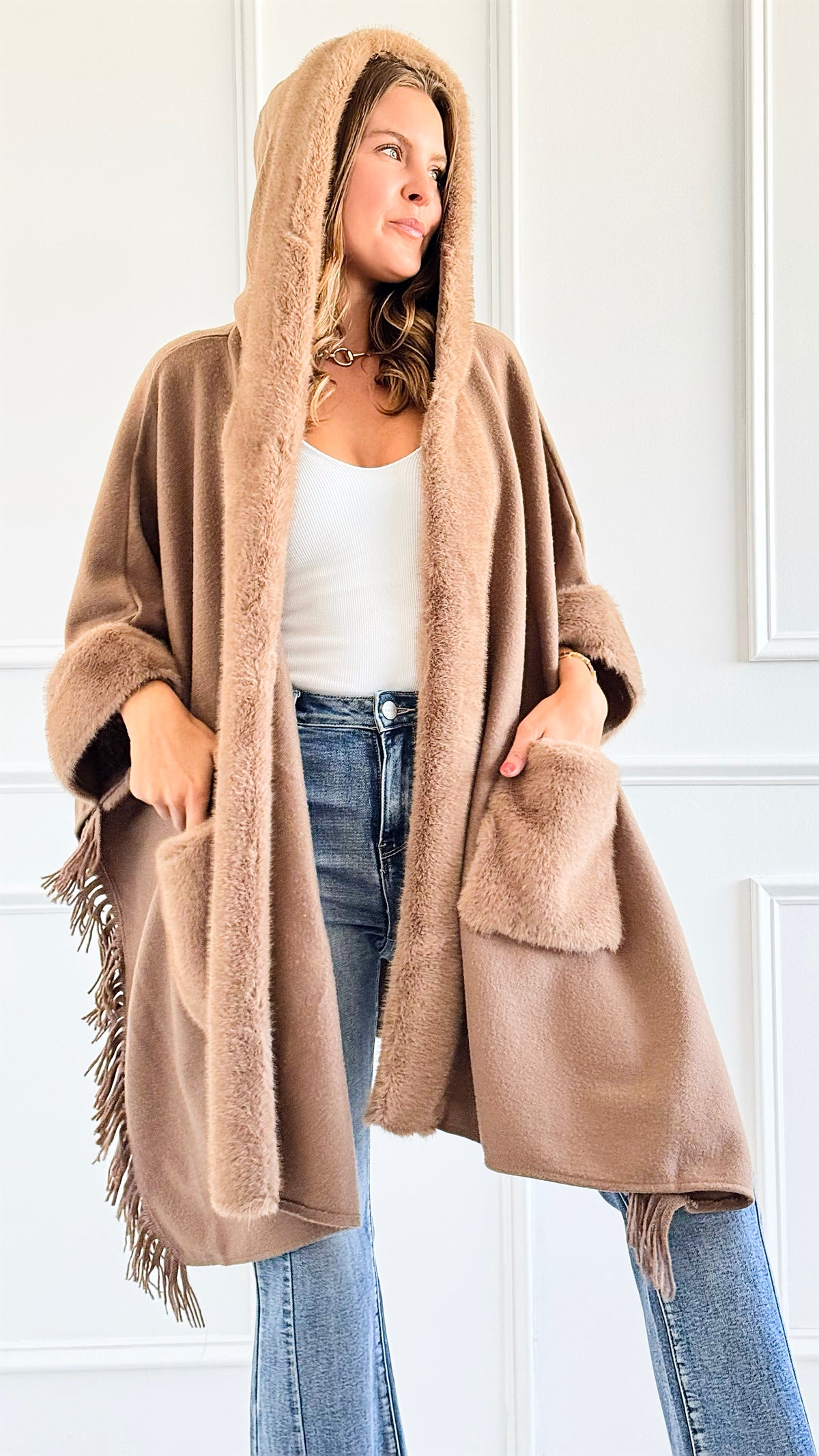 Faux Fur Tassel Cape-150 Cardigans/Layers-Original USA-Coastal Bloom Boutique, find the trendiest versions of the popular styles and looks Located in Indialantic, FL