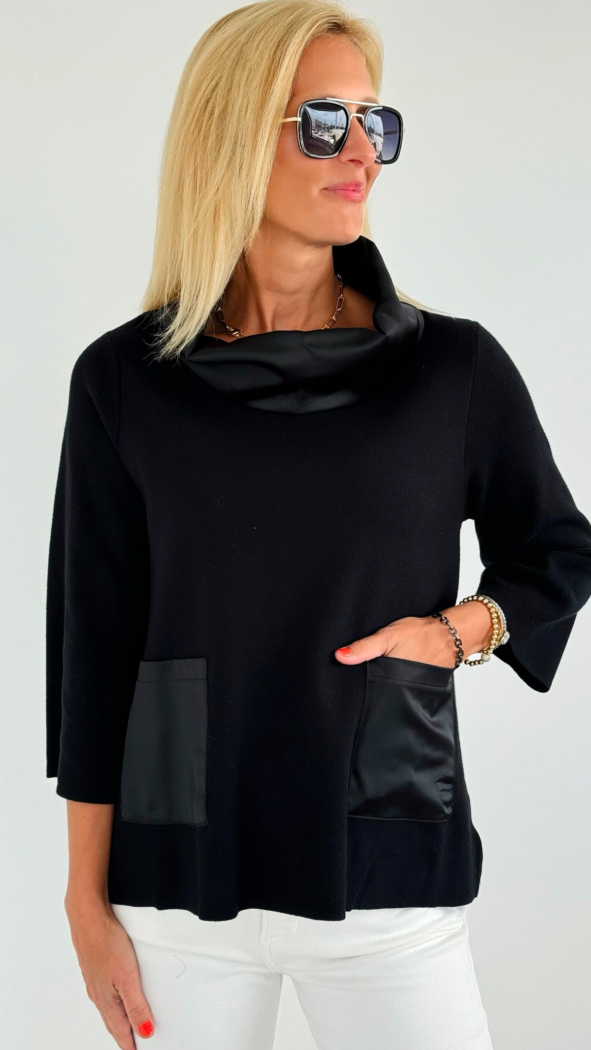 Contrast Satin Cowl Neck Sweater- Black-130 Long sleeve top-Fate BY LFD-Coastal Bloom Boutique, find the trendiest versions of the popular styles and looks Located in Indialantic, FL