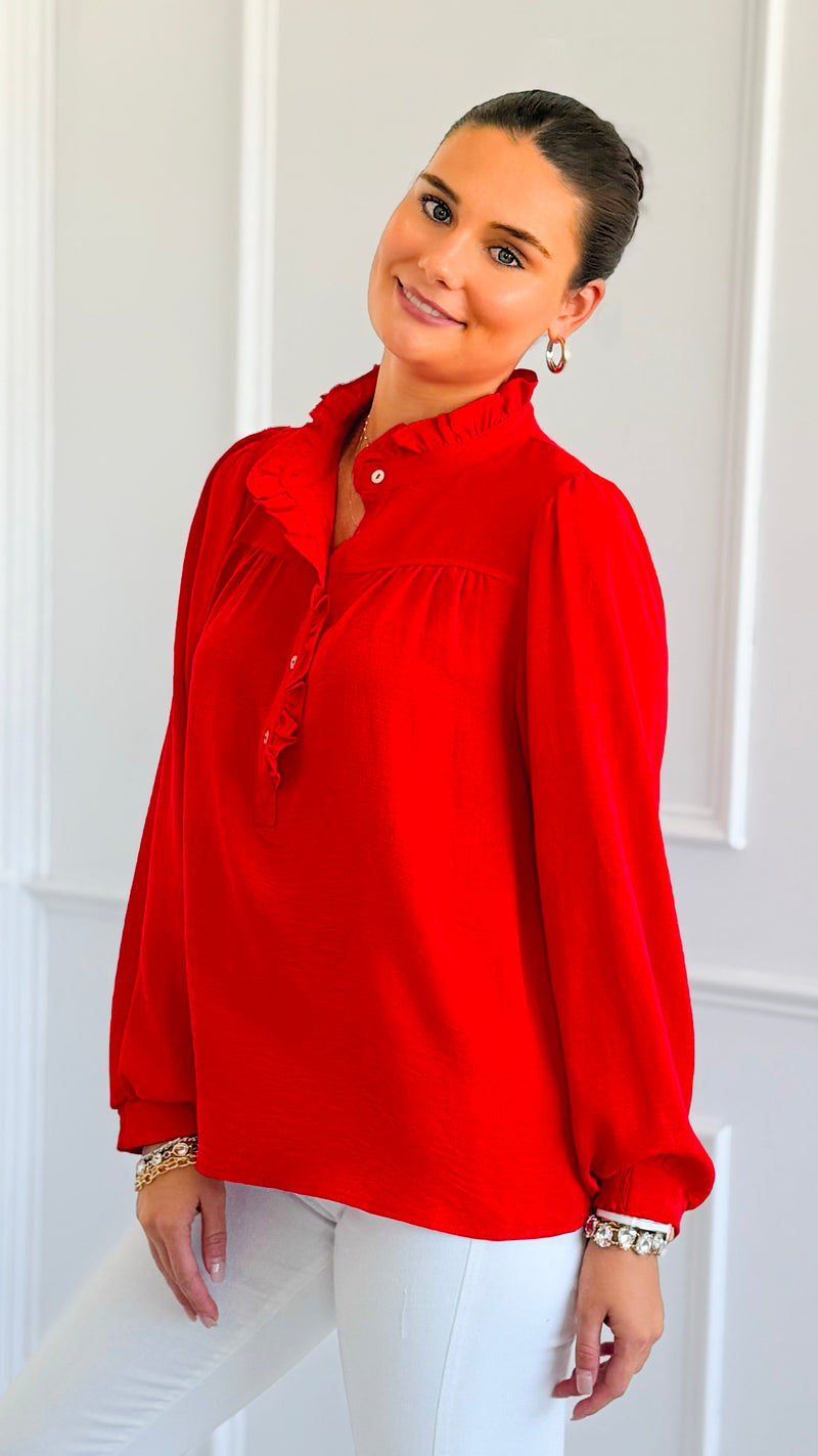 Victorian Muse Ruffle Top - Tomato Red-130 Long Sleeve Tops-JODIFL-Coastal Bloom Boutique, find the trendiest versions of the popular styles and looks Located in Indialantic, FL