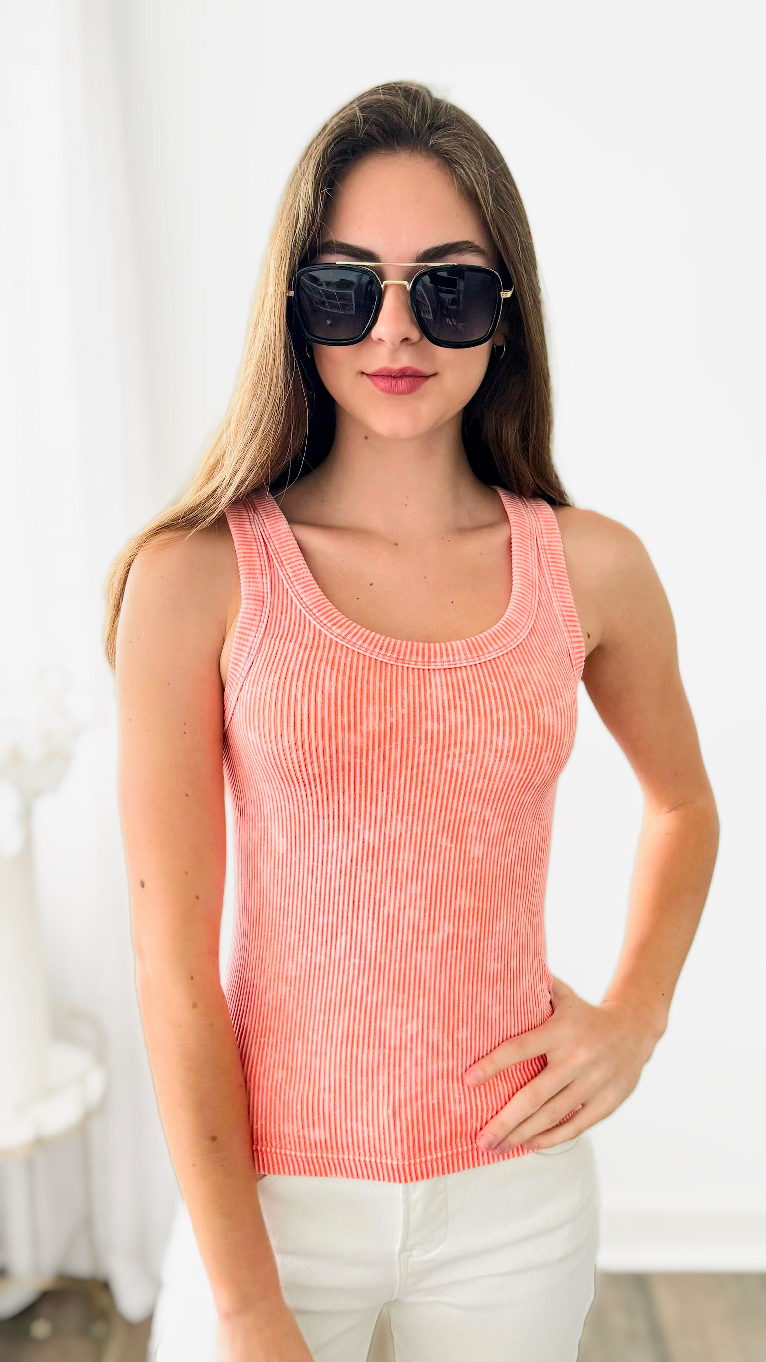 Acid Washed Ribbed Tank Top - Coral-100 Sleeveless Tops-Zenana-Coastal Bloom Boutique, find the trendiest versions of the popular styles and looks Located in Indialantic, FL