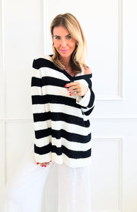 Striped V-Neck Sweater - Black/Ivory-140 Sweaters-Miracle-Coastal Bloom Boutique, find the trendiest versions of the popular styles and looks Located in Indialantic, FL