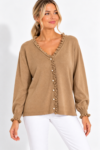 Pearl Ruffle Cardigan- Camel