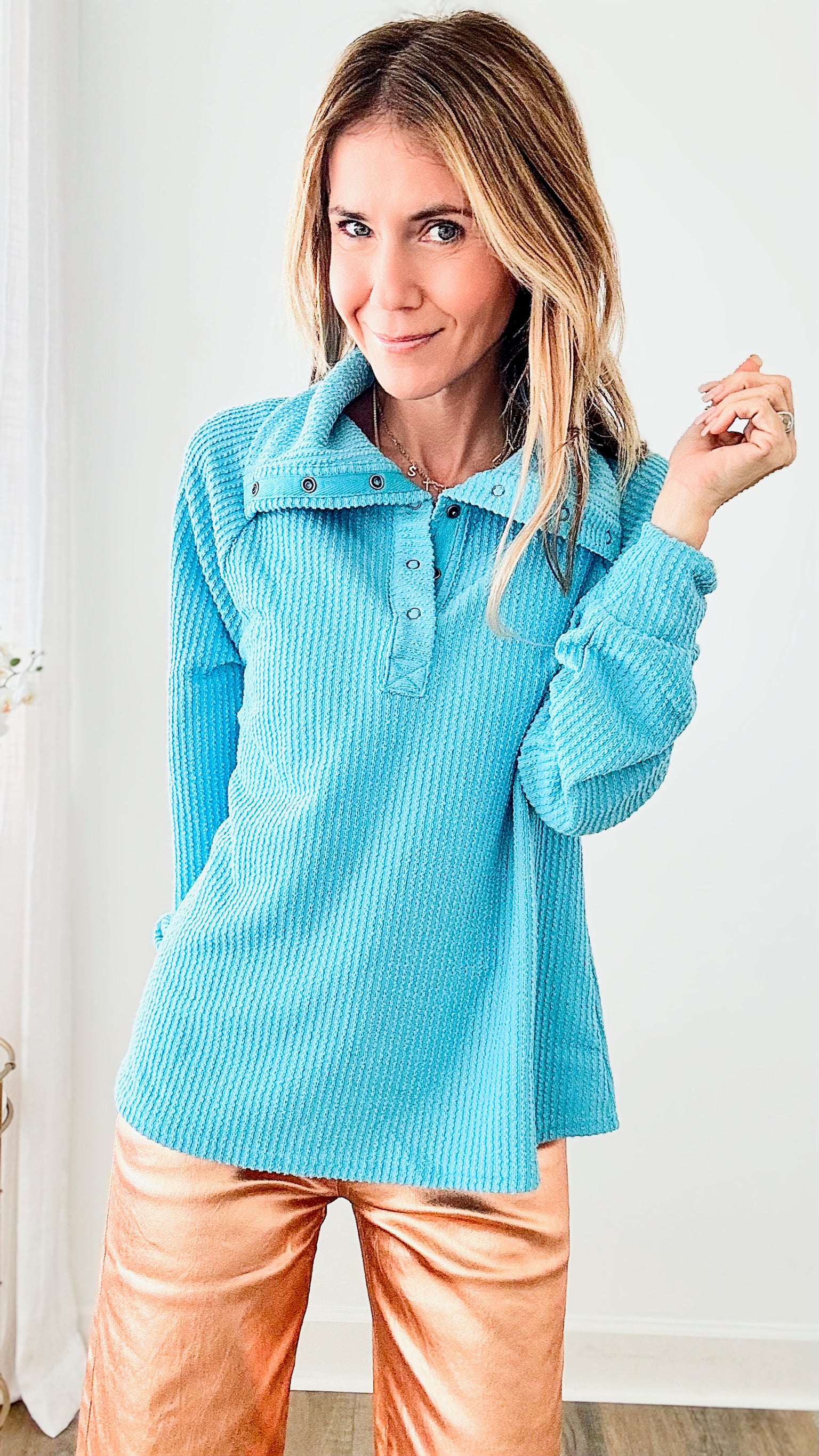 Dramatic Collar Henley Textured Knit Top-130 Long Sleeve Tops-VERY J-Coastal Bloom Boutique, find the trendiest versions of the popular styles and looks Located in Indialantic, FL