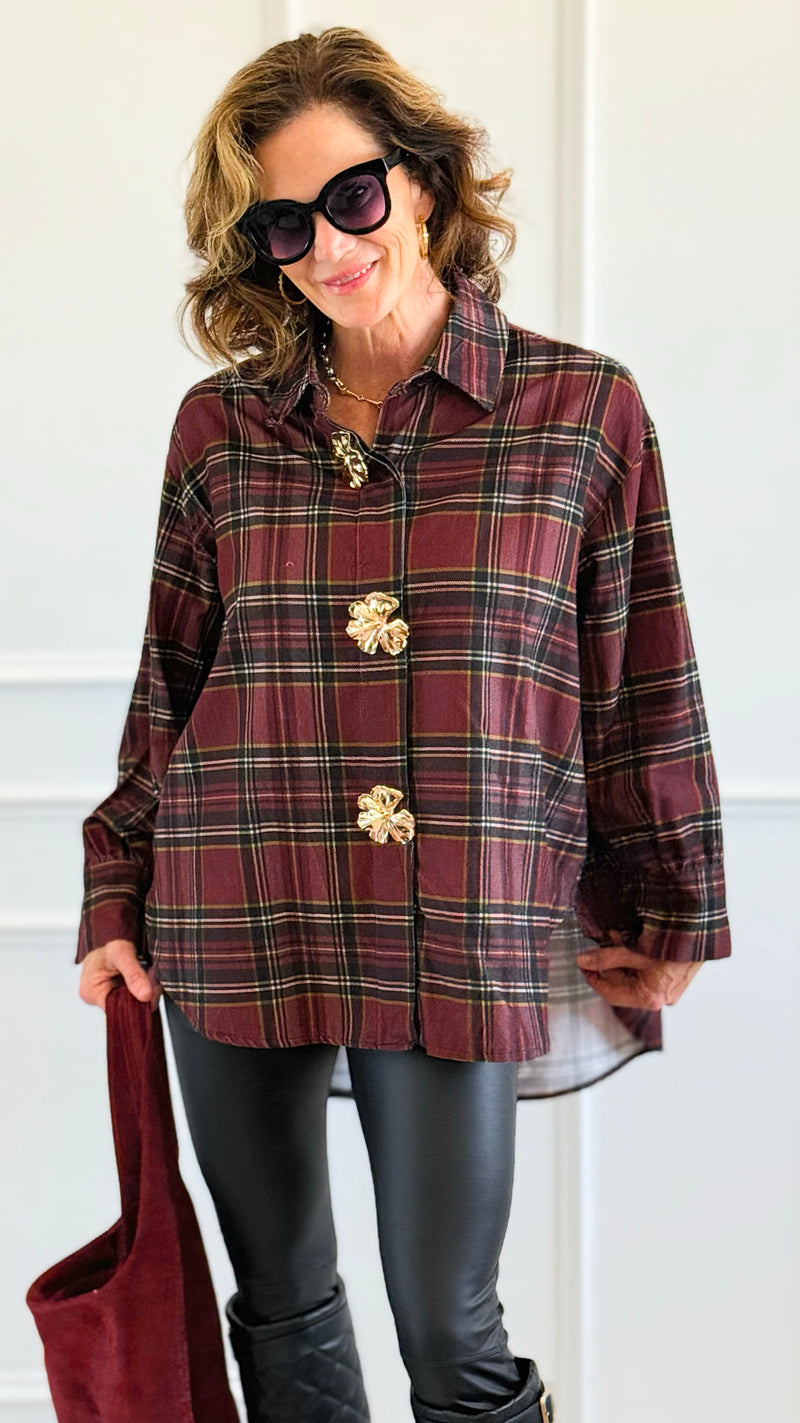 Plaid Petals Corduroy Italian Blouse-110 Long Sleeve Tops-TATTOO Z-Coastal Bloom Boutique, find the trendiest versions of the popular styles and looks Located in Indialantic, FL