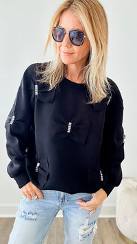 Fiora French Scuba Ribbon-Bow Sweatshirt - Black-130 Long Sleeve Tops-Joh Apparel-Coastal Bloom Boutique, find the trendiest versions of the popular styles and looks Located in Indialantic, FL