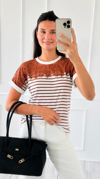 Lace Stripe Top - Coffee