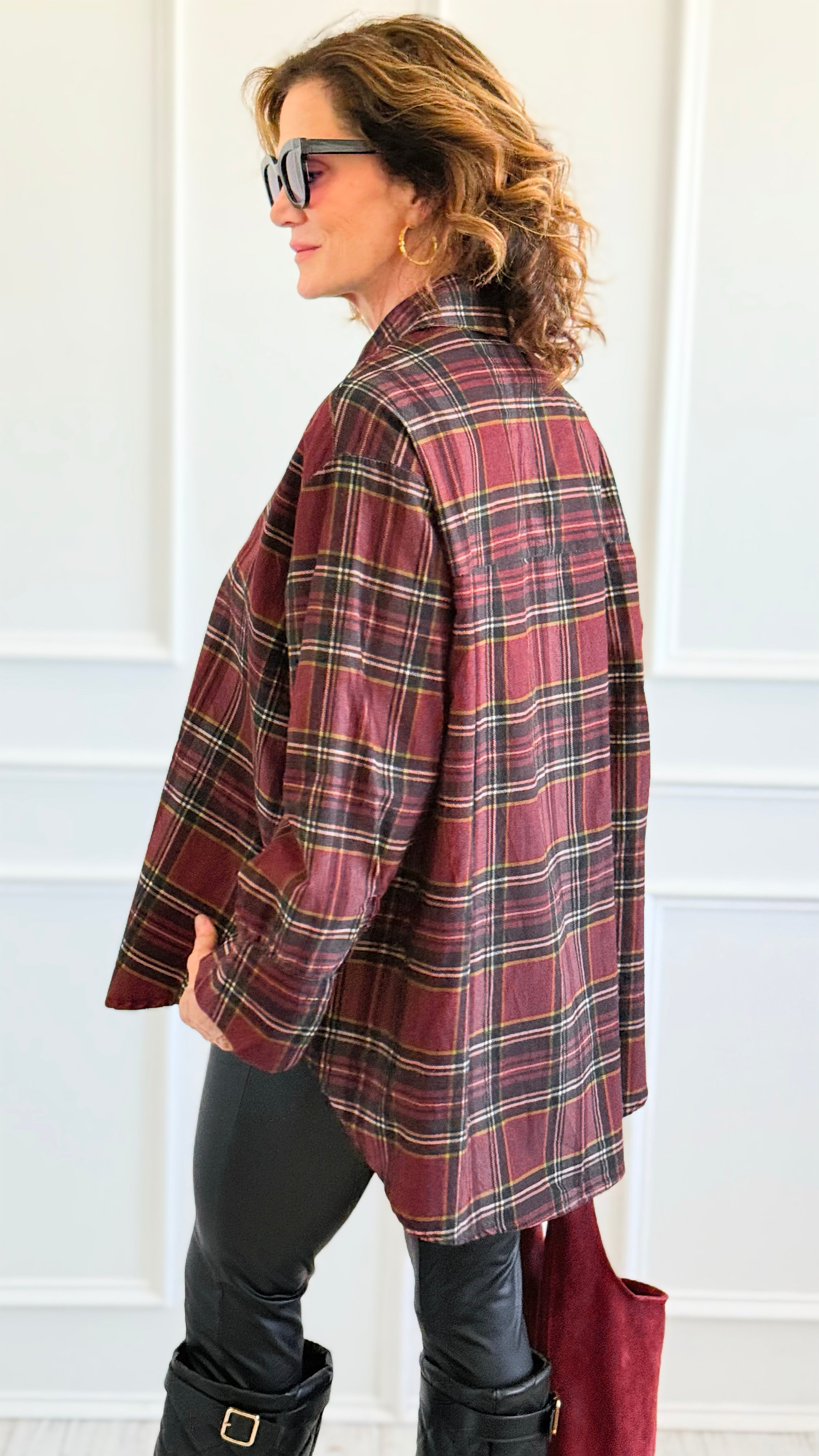 Plaid Petals Corduroy Italian Blouse-110 Long Sleeve Tops-TATTOO Z-Coastal Bloom Boutique, find the trendiest versions of the popular styles and looks Located in Indialantic, FL