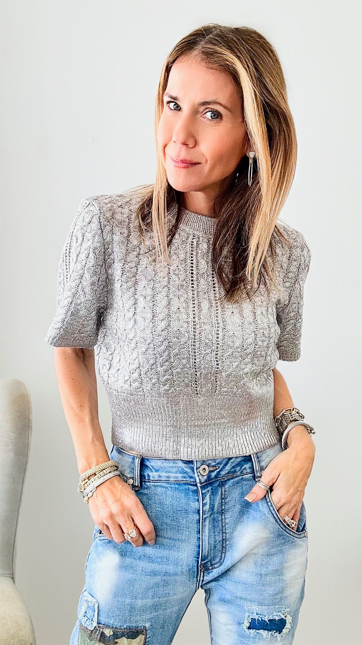 Metallic Cable Knit Sweater-140 Sweaters-MISS LOVE-Coastal Bloom Boutique, find the trendiest versions of the popular styles and looks Located in Indialantic, FL