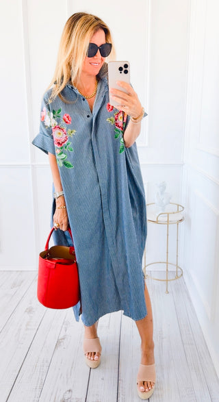 Botanical Contrast Stripe Italian Button Long Dress
