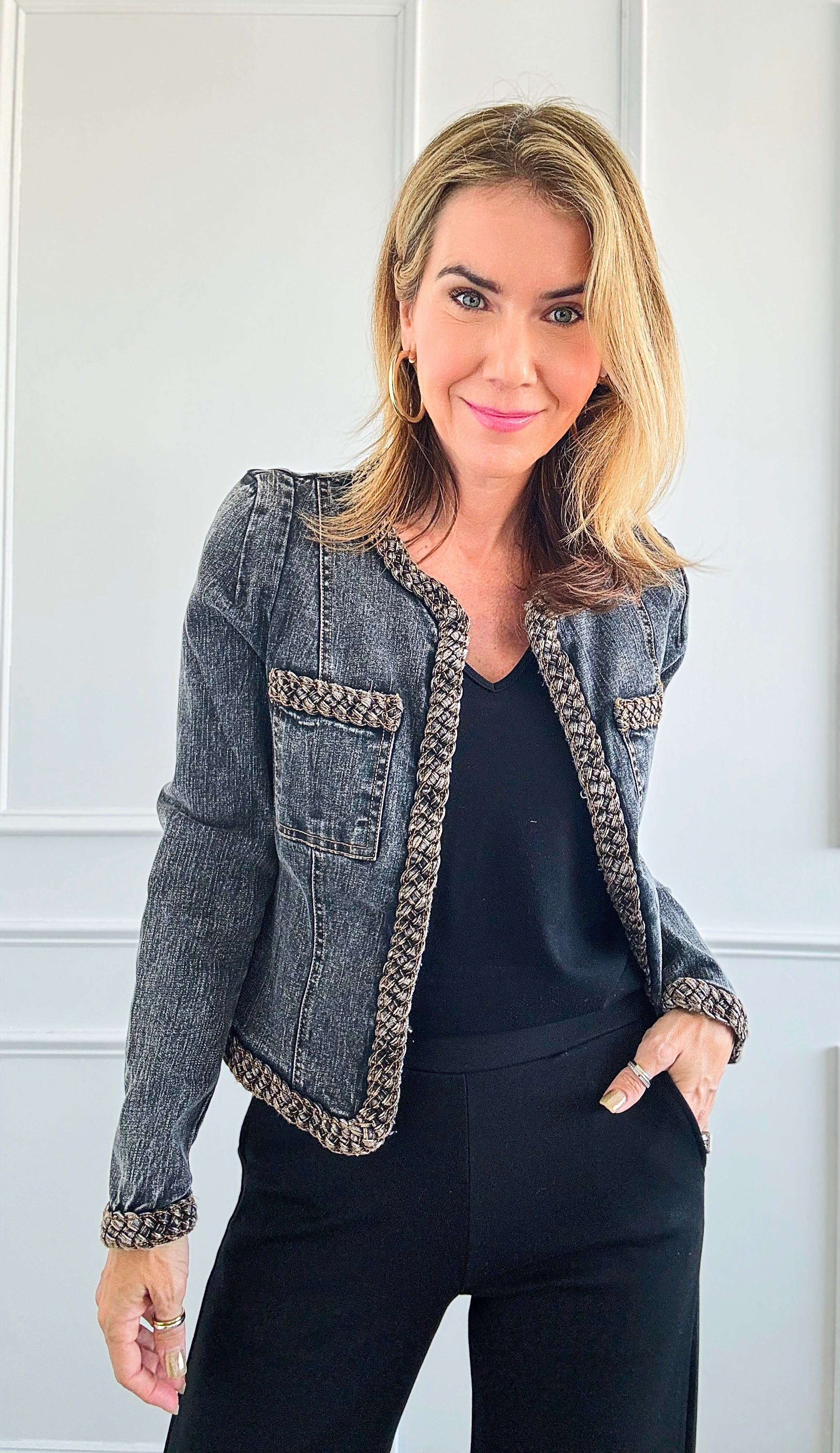 Beautifully Braided Denim Jacket - Black Denim-160 Jackets-Fate By LFD-Coastal Bloom Boutique, find the trendiest versions of the popular styles and looks Located in Indialantic, FL