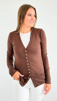 Classic Ribbed Button-Front Cardigan - Brown-150 Cardigans/Layers-Zenana-Coastal Bloom Boutique, find the trendiest versions of the popular styles and looks Located in Indialantic, FL