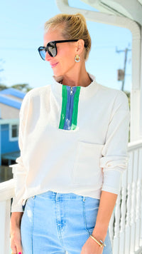 Ribbed Zip-Collar Pocket Top