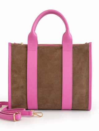 Capri Contrast Italian Suede Tote- Pink/Brown