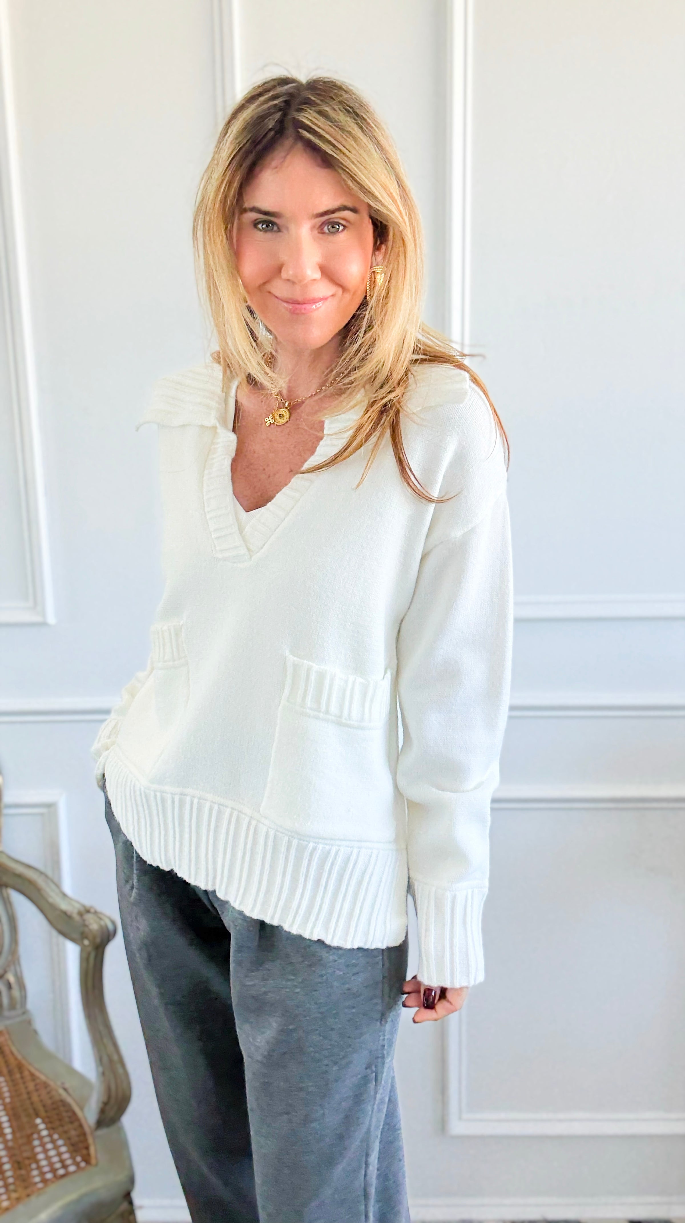 Fifth Avenue Flap Collar Pocket Sweater