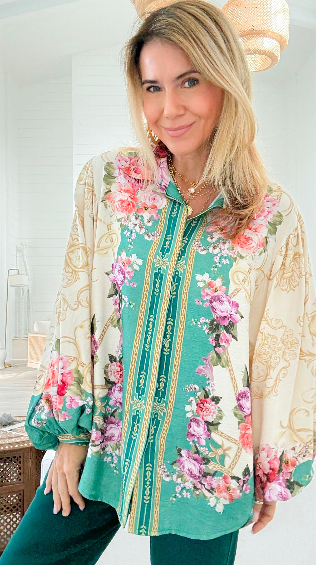 Floral Symphony Italian Button Top-110 Long Sleeve Tops-K2-Coastal Bloom Boutique, find the trendiest versions of the popular styles and looks Located in Indialantic, FL
